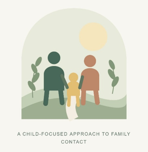 Illustration of two parents and a child standing together beneath an arch, surrounded by foliage and sunlight